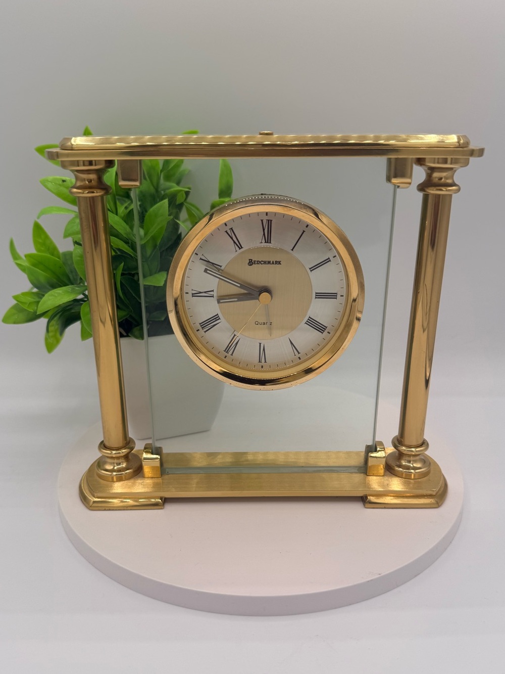 Benchmark Gold Glass Pillar Mantel Clock